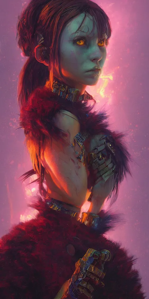 Prompt: A beautiful colorful portrait of a furry gothic warrior Girl, oil painting, final fantasy, Greg Rutkowski, Ilya Kuvshinov, blade runner, star wars, unreal 5, hyperrealistic, octane render, fullbody , dynamic lighting, fantasy art, beautiful face, gustav klimt, Kilian Eng