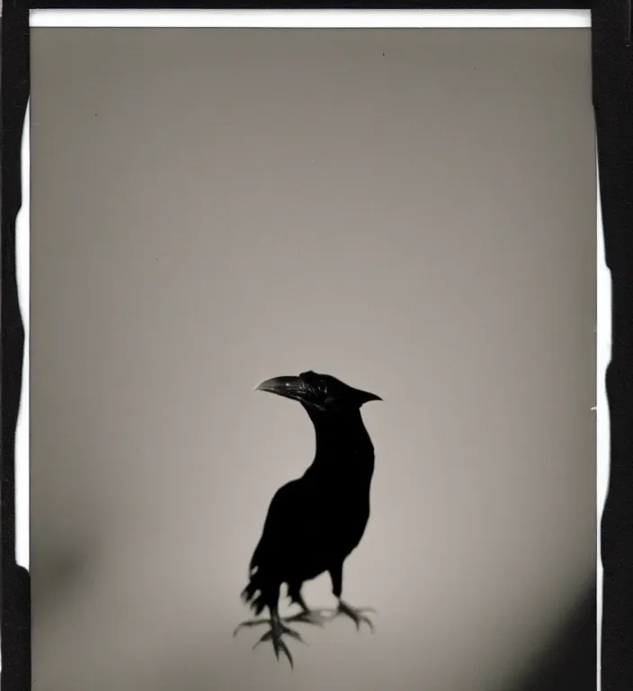 Image similar to wide angle, dark old polaroid of a ethereal raven bird, being illuminated by few sun rays, black and white