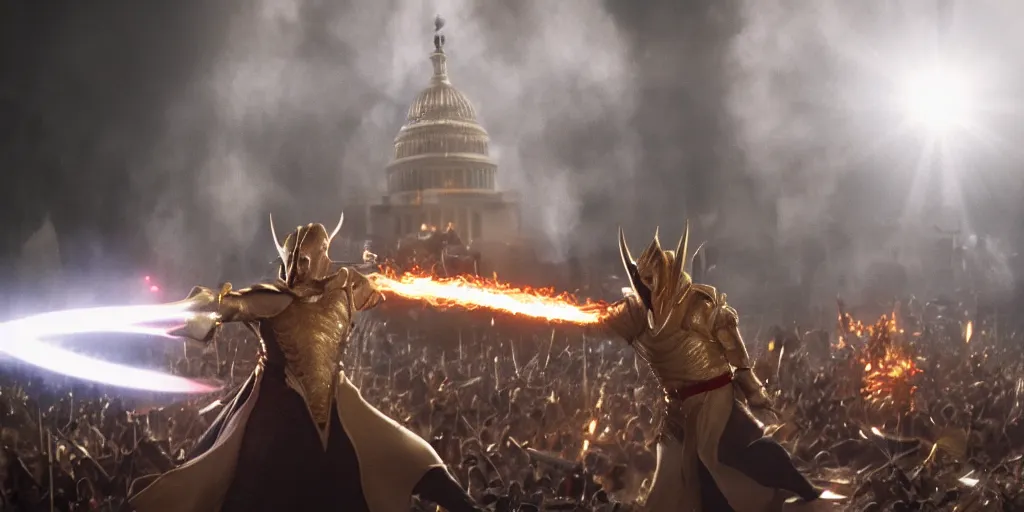 Prompt: a professional cinematic photo of donald trump fighting sauron at capitol. extremely high fidelity. key light.