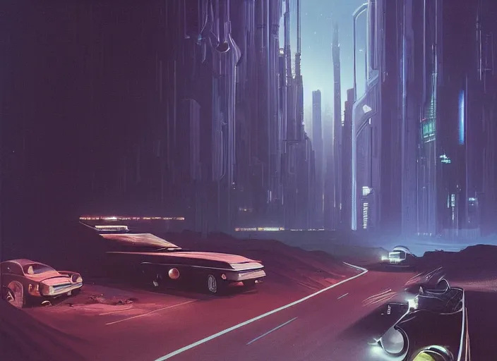 Prompt: a car driving down a street next to tall Forest-2 the night, cyberpunk art by Chesley Bonestell, cgsociety, retrofuturism, matte painting, reimagined by industrial light and magic