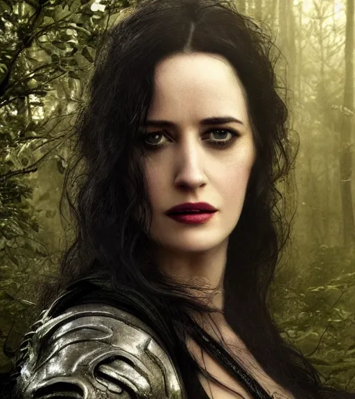 Image similar to 5 5 mm close up portrait photo of eva green as yennefer of vengerberg in black leather armor and long black fluff hair, in a forest. magical atmosphere. art by greg rutkowski. lifelike. very detailed 8 k. intricate. soft light. nikon d 8 5 0.