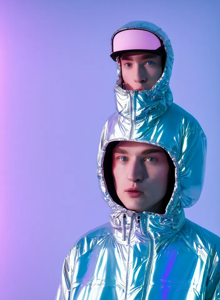 Image similar to an ultra high definition professional studio quality portrait photograph of a silver skinned android influencer wearing a transparent iridescent pastel coloured visor and matching wavey raincoat on white hook in a sheer icelandic black rock environment. three point light. dramatic lighting. volumetric shadows. light rays