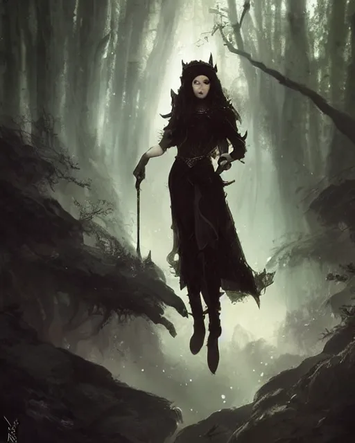 Image similar to sarah bolger as dnd elf with black hair black dress as pathfinder in a nebula forest by greg rutkowski, high key lighting, volumetric light, digital art, highly detailed, fine detail, intricate, ornate, complex, octane render, unreal engine, photorealistic digital painting, artstation, concept art, sharp focus, art by greg rutkowski and alphonse mucha