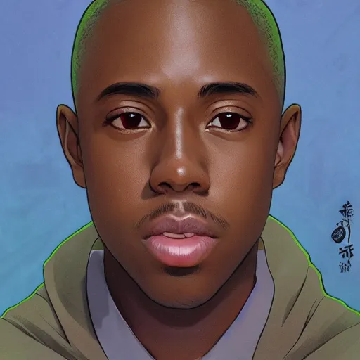Image similar to tyler the creator, anime style, fashion clothing, shoulder eyes, last exile anime, symmetrical facial features, from arknights, hyper realistic, 4 k, rule of thirds, extreme detail, detailed drawing, trending artstation, realistic lighting, by alphonse mucha, greg rutkowski, short neck