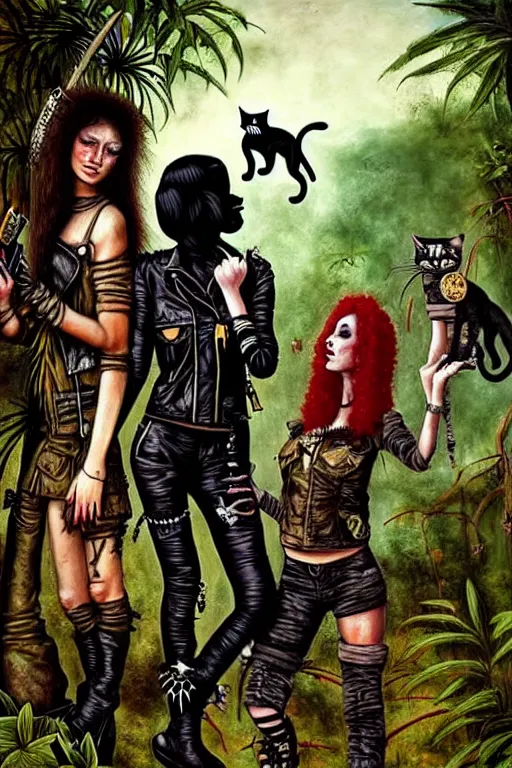 Prompt: punk rock girls making selfie with black cats in jungle , 1980 style, mad max jacket, post apocalyptic, renaissance, highly detailed, digital painting, 4k, oil painting by Leonardo Da Vinci, hyper realistic style, fantasy by Olga Fedorova