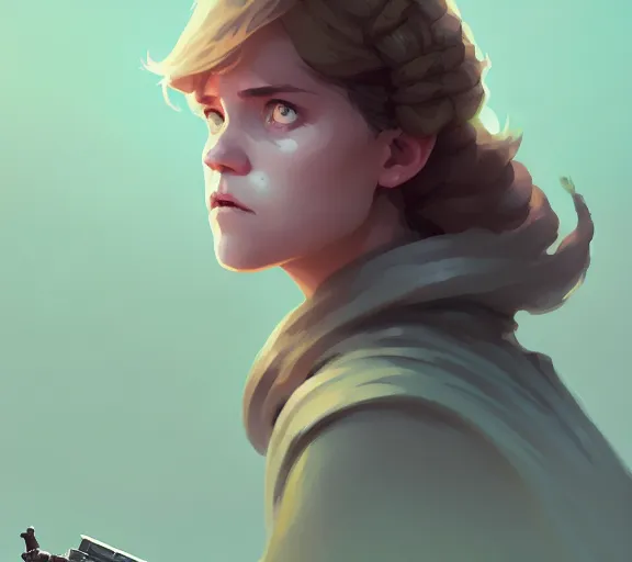 Prompt: portrait of female luke skywalker, fantasy, matte painting, illustration, hearthstone, by atey ghailan, by greg rutkowski, by greg tocchini, by james gilleard, by joe fenton, by kaethe butcher, dynamic lighting, gradient light blue, brown, blonde cream and white color scheme, grunge aesthetic