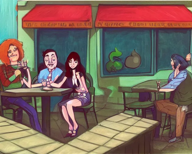 Image similar to a couple of people sitting at a table outside of a restaurant, concept art by hanna - barbera, deviantart contest winner, magic realism, 2 d game art, wiccan, official art