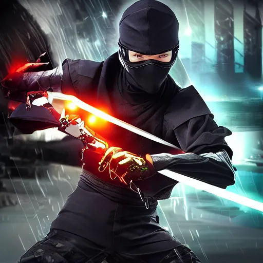 Prompt: cyber ninja with high tech weapons, highly detailed, 4k, HDR, smooth, sharp focus, hyper realistic, high resolution