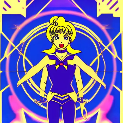 Image similar to portrait of sailor moon with arm tattoos, in the style of cyberpunk on the background of neon signs, symmetrical, single person