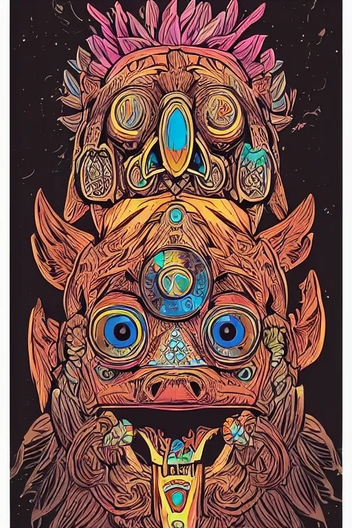 Image similar to animal mask totem roots flower tribal feather gemstone plant wood rock shaman vodoo video game vector cutout illustration vivid multicolor borderlands comics by josan gonzales and dan mumford radiating a glowing aura