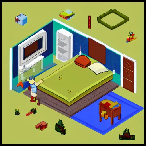 Prompt: 5 year old boys bedroom in the style of isometric pixel art