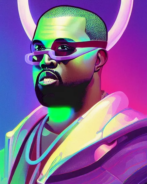 Image similar to kanye west as future coder man looking on, sleek cyclops display over eyes and sleek bright headphoneset, neon accent lights, holographic colors, desaturated headshot portrait digital painting by dean cornwall, rhads, john berkey, tom whalen, alex grey, alphonse mucha, donoto giancola, astronaut cyberpunk electric