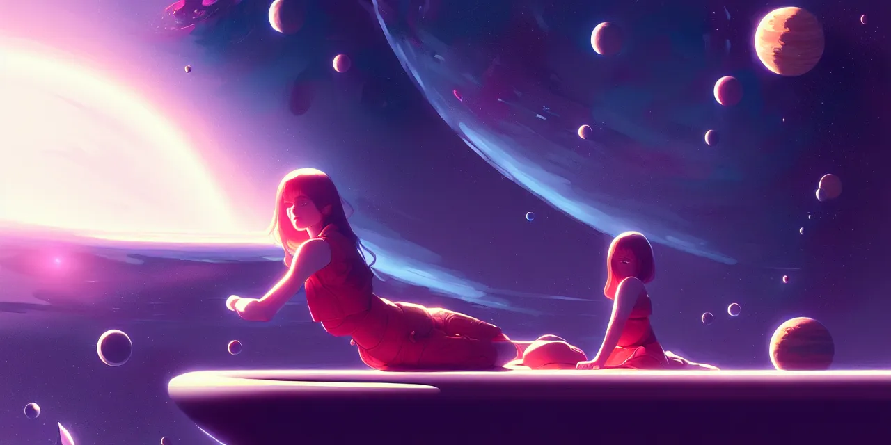 Image similar to girl in space, floating beside planets, dynamic composition, detailed designs, digital painting, 4 k, by ilya kuvshinov, by greg rutkowski, atmospheric lighting