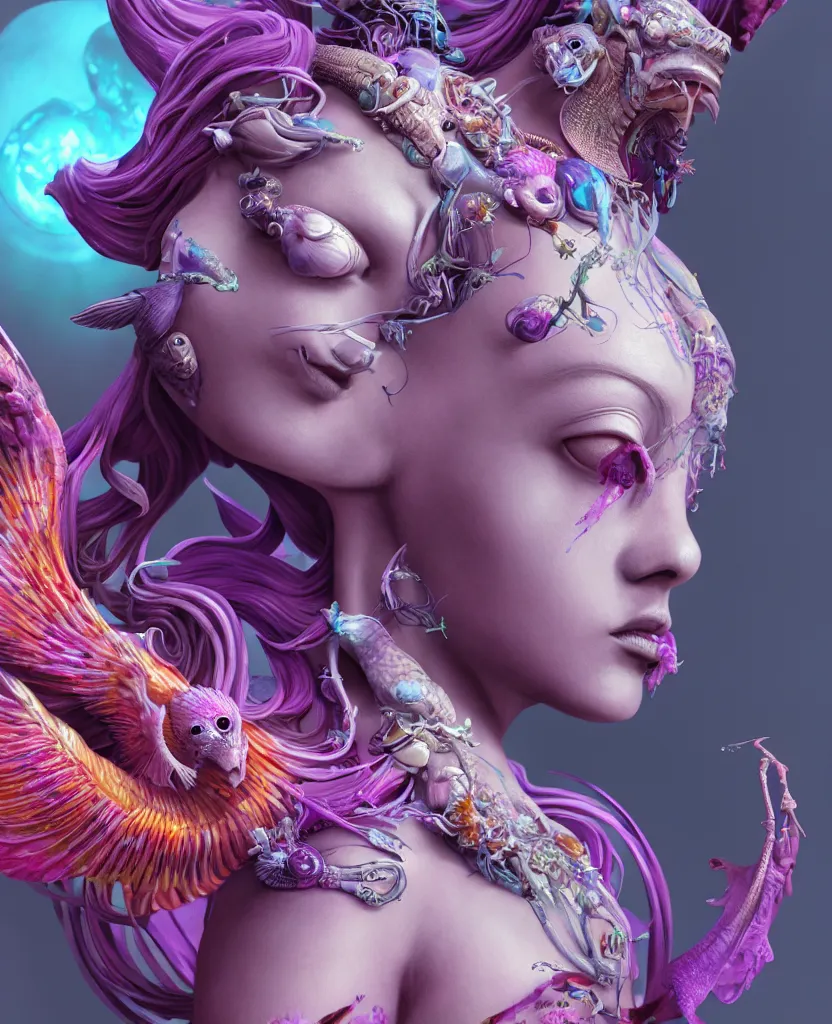 Image similar to goddess full color painted acryllic sculpture close-up portrait. orchid bird phoenix head, nautilus, skull, betta fish, bioluminiscent creatures, intricate artwork by Tooth Wu and wlop and beeple. octane render, trending on artstation, greg rutkowski very coherent symmetrical artwork. cinematic, hyper realism, high detail, octane render, 8k