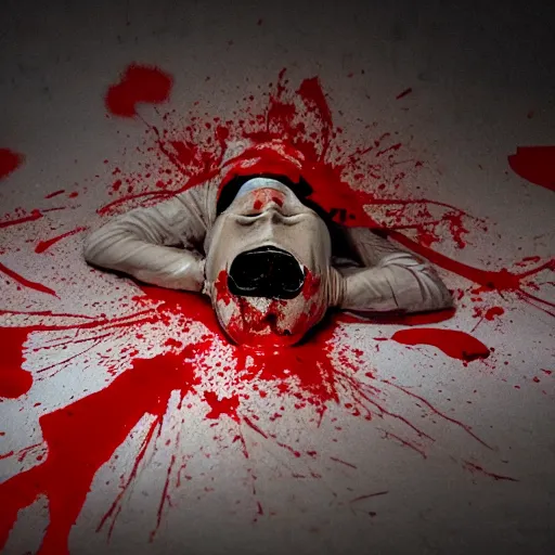 Image similar to filmic dutch angle movie still 4k UHD 35mm film color photograph of a freshly severed head with a pained expression, wearing a surgical mask , head is sideways on the floor soaked in blood, in the style of an extreme grotesque splatter horror movie