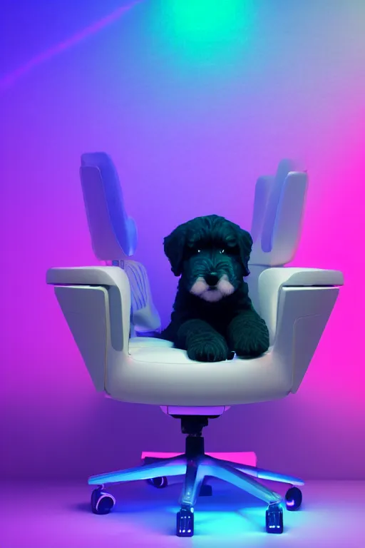 Image similar to a cute bernedoodle puppy sitting in gaming chair + neon rgb light strips, large computer monitor, space themed walls, vaporwave, dramatic, confident, rule of thirds, 4 k, award winning, octane render, volumetric lighting