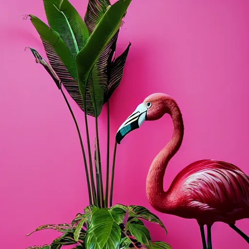 Prompt: hyper realistic portrait of pink flamingo in front banana plants and a flamingo print wall, 8 5 mm lens by annie leibovitz