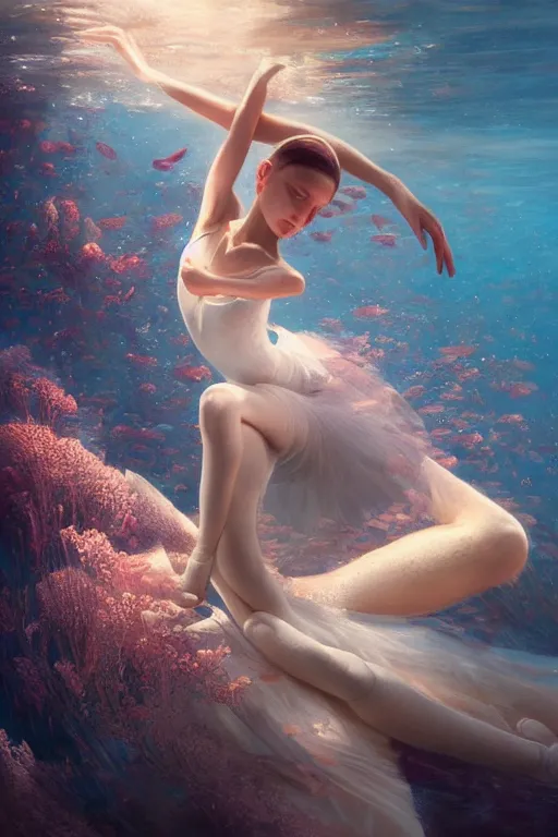 Prompt: stunningly beautiful, ballerina at the bottom of the great barrier reef, smooth, focus, highly detailed, hyper realistic, dramatic lighting, intricate, concept art, art by wlop