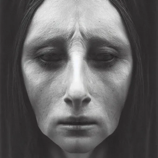 Image similar to woman face staring, portrait, flash photograph, 80mm F2.8, single light source, by Zdzislaw Beksinski