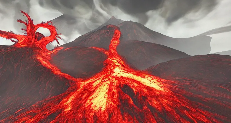 Prompt: a volcano made of ivory vines and crimson rocks enters in eruption, it spits a smoke in the shape of demonic eye, from attack on titan