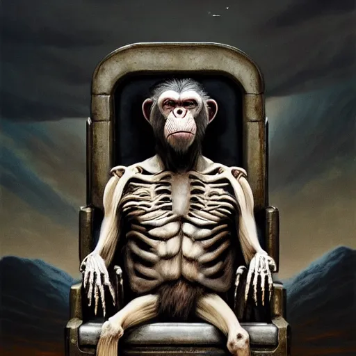 Prompt: koba from planet of the apes sitting on a throne of human bones, hero character art, koba, by chris leib and greg rutkowski in a surreal portrait, oil on canvas, volumetric lighting, 8k, hd.