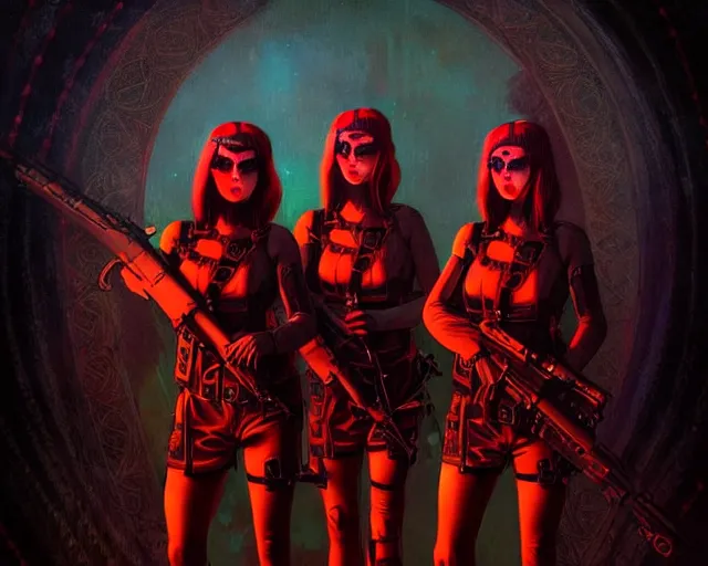 Image similar to three soldiers with beautiful faces, wearing psychedelic wicca, in uniform dresses, red neon weapons, full body, dark and mysterious, atmospheric, ominous, eerie, cinematic light, epic, 8 k 3 d, ultra detail, ultra realistic, by wlop, by mucha, by giger