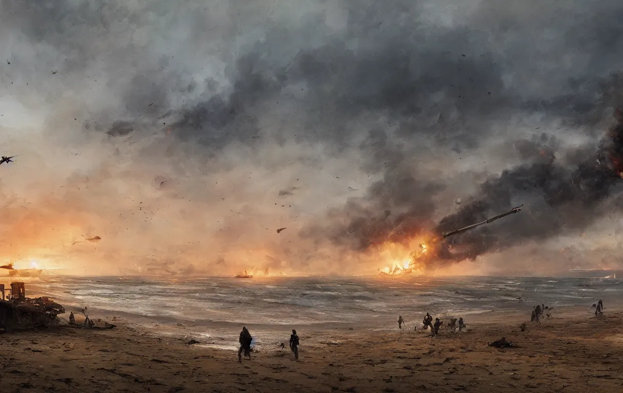 Prompt: A digital painting of Normandy's beach, 1945, by Ismail Inceoglu and Caspar David Friedrich, stunning, photorealistic, highly-detailed, bombs, fire, smoke, devastation, 4k, ue5, light effect, rtx on, realistic, cinematic, IMAX quality, trending on artstation