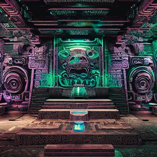 Prompt: Mayan temples merged with cyberpunk futuristic aesthetic 4k highly detailed intricate engravings of esoteric symbols