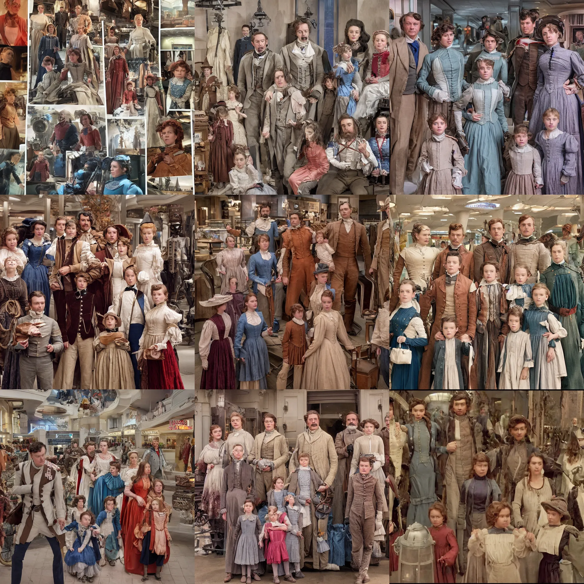 Prompt: sharp, highly detailed, high quality frame scan from a sci fi blockbuster color movie made in 2019, a family of four time travelers from 1860 travel in time to 2019, appearing in a shopping mall, looking surprised, the family are all wearing 1860s era clothes, good lighting, in focus, cinematic still, high quality scan, in focus, 35mm macro lens, oscar winner, award winning lighting, award winning photography, ultra high definition
