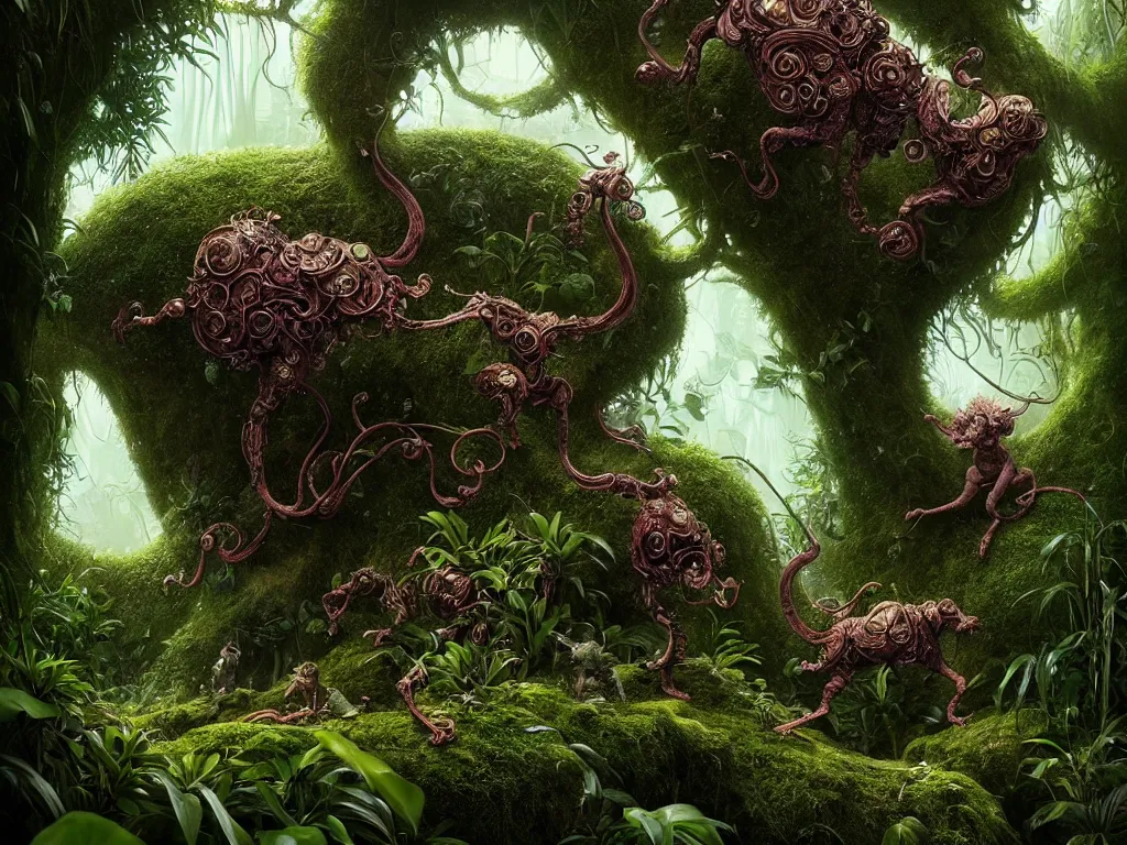 Prompt: metaverse creature in a lush trunda vegetation :: by Michal Karcz, Daniel Merriam, Victo Ngai and Guillermo del toro :: ornate, dynamic, particulate, intricate, elegant, highly detailed, centered, artstation, smooth, sharp focus, octane render, 3d