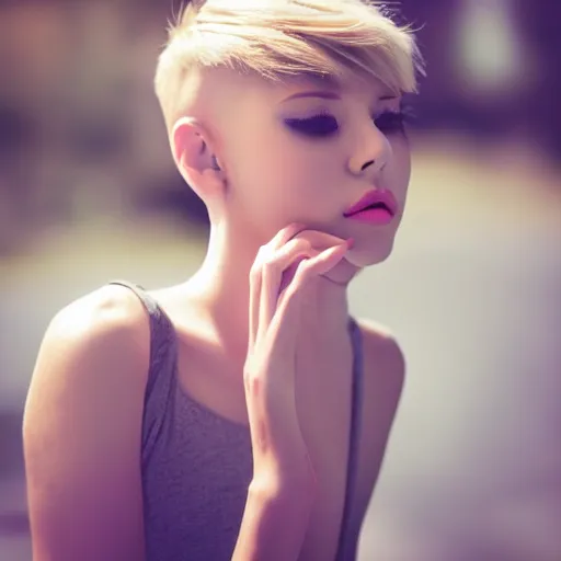 Prompt: “ fashion model short blonde hair looking into lens heavy bokeh photography high quality ”