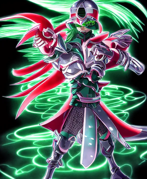 Prompt: an anime drawing of a futuristic warrior with jade green bladed armour and a futuristic helmet with a neon jade visor and red tracking lasers by Yusuke Murata, 4k resolution, photorealistic