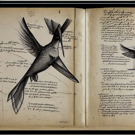 Prompt: full page scan of 1400s detailed hummingbird concept art, architectural section, plan drawing, page, paper, parchment, papyrus, fantasy, horror, occult, diagram, informative texts, graphs, notes, scribbles, human thigh anatomy anatomical, blur