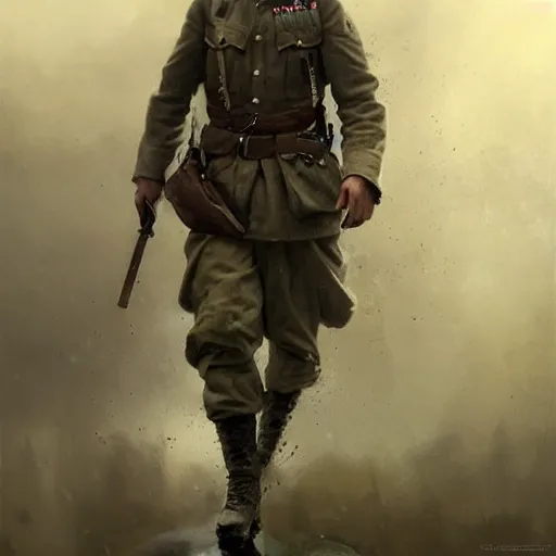 Prompt: a dramatic epic ethereal portrait of a German WWII soldier, full body with dynamic pose, male, detailed face, cinematic lighting, highly detailed oil on canvas painting by Greg Rutkowski, winning-award digital art trending on Artstation H 1024 W 832