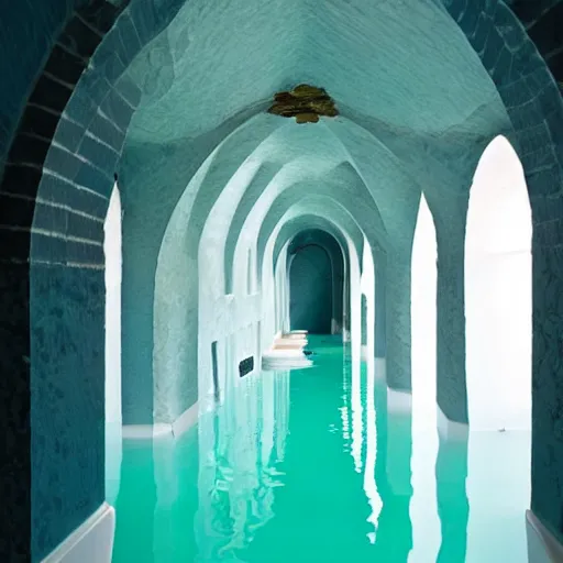 Image similar to a room flooded with blue green water, curved hallway, white ceramic tiles, dark, surreal, liminal,