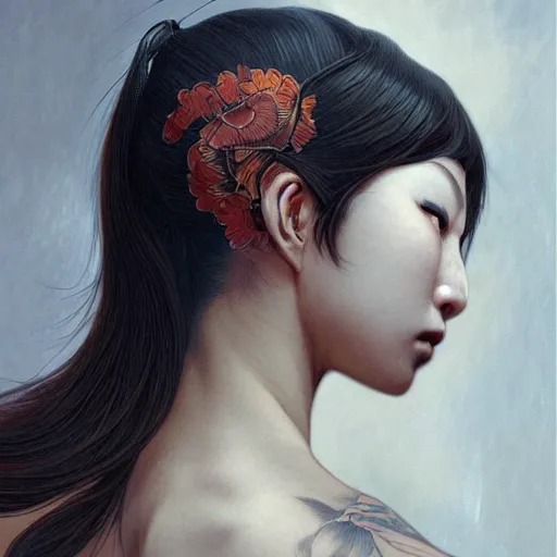 Prompt: masterpiece of a angry yakuza girl with tattoo, intricate, elegant, highly detailed, digital painting, artstation, concept art, smooth, sharp focus, illustration, art by artgerm and greg rutkowski and alphonse mucha and william - adolphe bouguereau