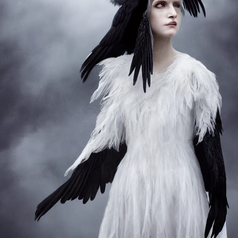 Prompt: hight focus of a wonderful realistic focused sweet wonderful symmetrical mid portrait of a demonic witch with a detailed wonderful, majestic, large semi transparent white cotton dress like as a realistic black raven, dramatic light, octane render - 8 k