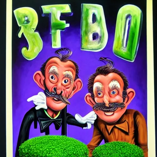 Prompt: beautiful lifelike painting of the chuckle brothers running a purple and green oil derrick, hyperreal detailed facial features and uv lighting, art by ed roth and basil wolverton