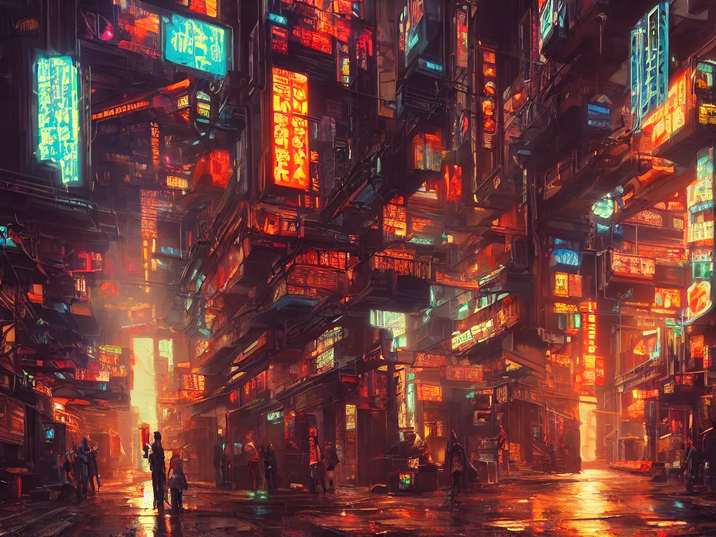 Prompt: realistic painting of a complex, gritty alleyway of a cyberpunk city, piping, concept art, television ads, neon tube signs, technological screens, cyberpunk style, cyberpunk ads, hieroglyphic signs, computation, intricate detail, noriyoshi ohrai and edward hopper and syd mead, realism, trending on artstation