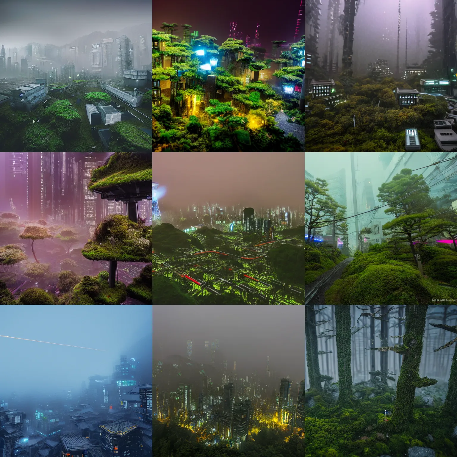 Prompt: miniature cyberpunk city with lasers in the sky in a foggy forest full of moss in japan at dawn