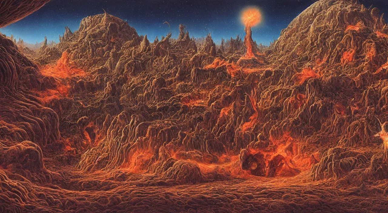 Image similar to a beautiful detailed portrait of satan with long horns and fiery vortex eyes in the foreground, in a vast cosmic hellscape by roger dean, by laurie lipton, detailed, realistic shadows, volumetric lighting, mythical, rendered in redshift, matte painting