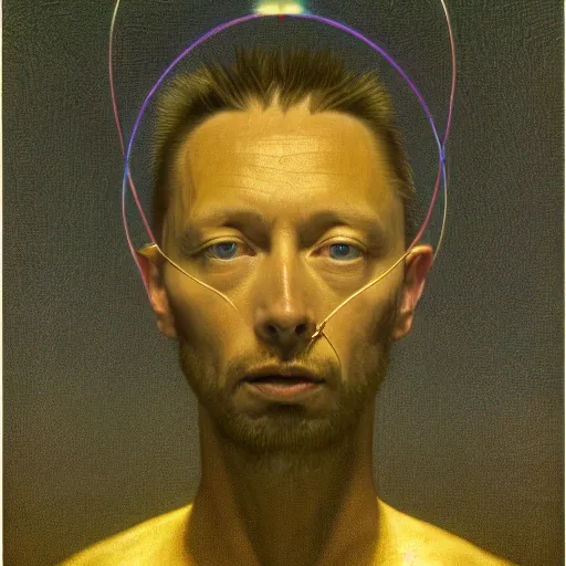 Prompt: Portrait Masterpiece, Thom Yorke, yellow, golden halo behind her head, wires everywhere, by Edgar Maxence and Ross Tran, Zdzisław Beksiński, and Michael Whelan, distant, gustav dore, H.R. Giger, 8k, octane render