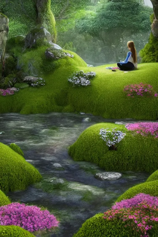 Image similar to hyper realistic render of a heavenly garden of peace, eden filled with trees, stone slab, colourful flowers, moss, ferns, a girl meditating at a distance, small stream or puddles, birds, trending on artstation, volumetric lighting, hyper realistic, hyper detailed, high quality render, blender guru,