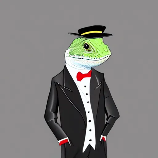 Image similar to a lizard in a tuxedo, digital art