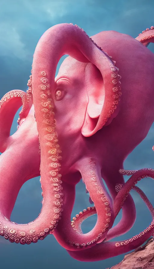 Image similar to A octopus centered-photograph of a pink elephant, film still, dynamic action pose, National Geographic, insane detail, intricate, highly detailed, Zeiss Lens, DSLR photography, smooth, sharp focus, Unreal Engine 5, Octane Render, Redshift, 8K