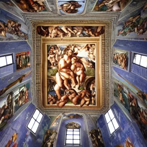 Image similar to Sistine chapel with a star wars painting, realistic, on the roof,