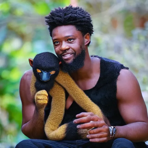 Prompt: black panther holding a monkey photograph