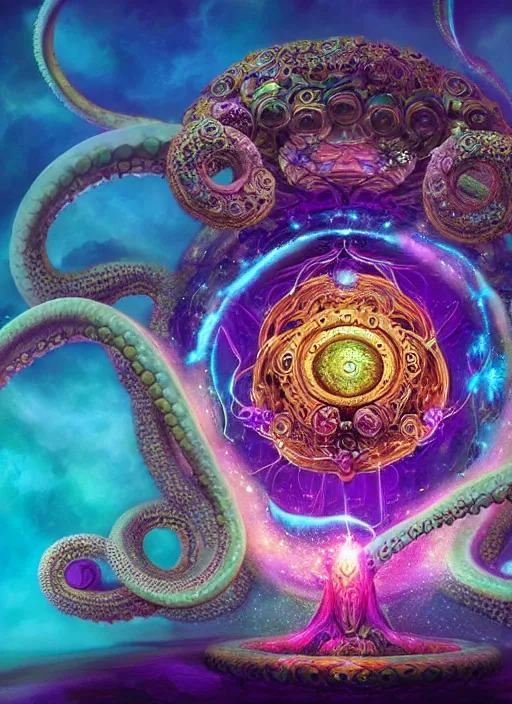 Image similar to octopus god within the whole infinite time capsule apparent with awe the apparition, an idea drips into infinite spirals, highly detailed in volumetric latent space, golden turquoise purple futuristic steampunk, galaxy mandalas mandelbrot high contrast cinematic light, mystical shadows, visionary art sharp focus, divine realm of gods, octane render, artist by boris vallejo,