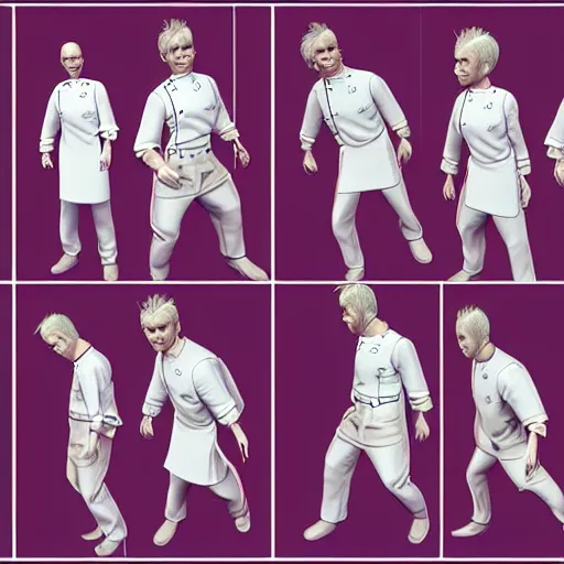 Image similar to 3 d model character sheet, multiple angles, gordon ramsay character design, fighting game, stylized 3 d graphics, ray tracing, ultra, 4 k image h - 7 4 0