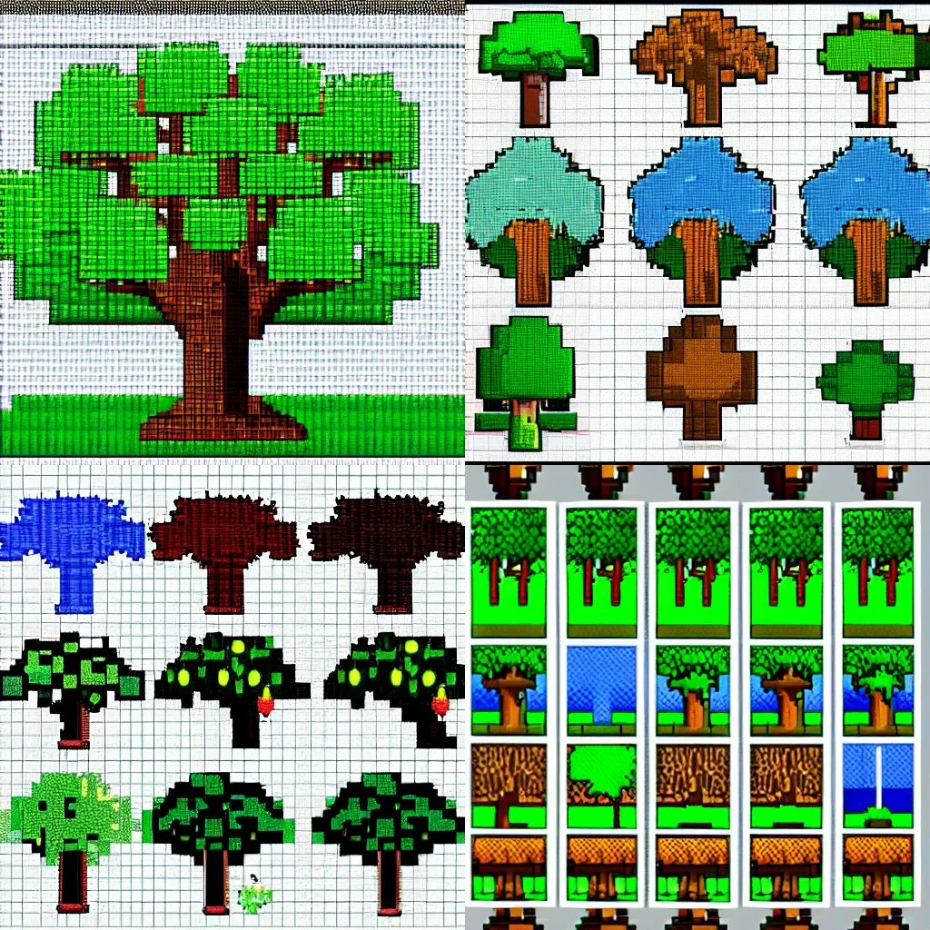 Prompt: pixel art tree tileset, trees, pixelart